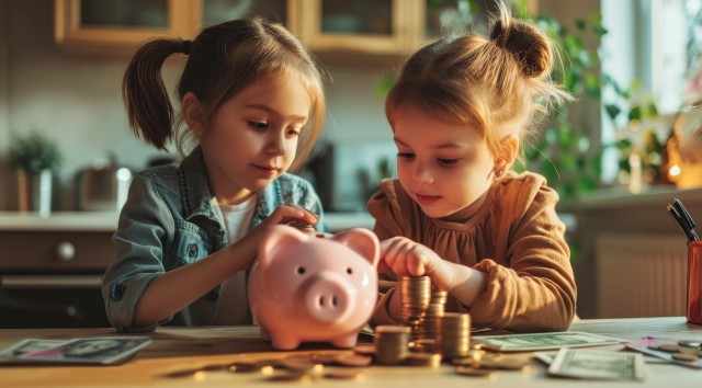 two children with a stack of coins and a piggy bank