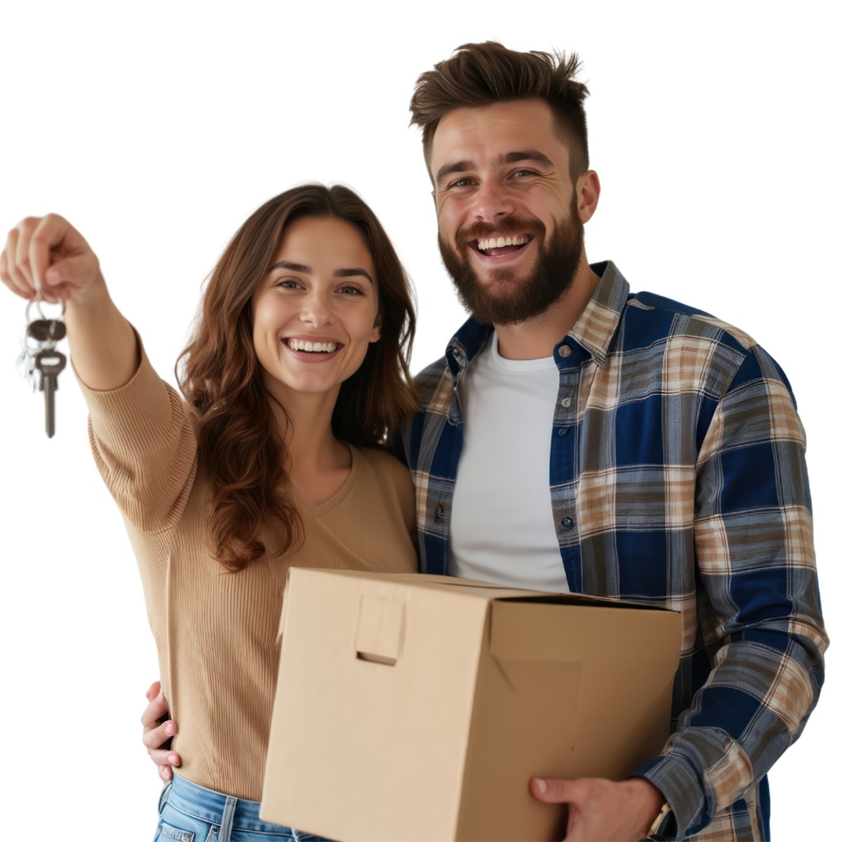 Couple holding our keys to new home