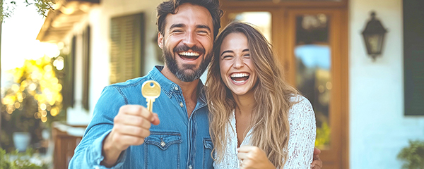 couple holding out a key, standing in front of a house